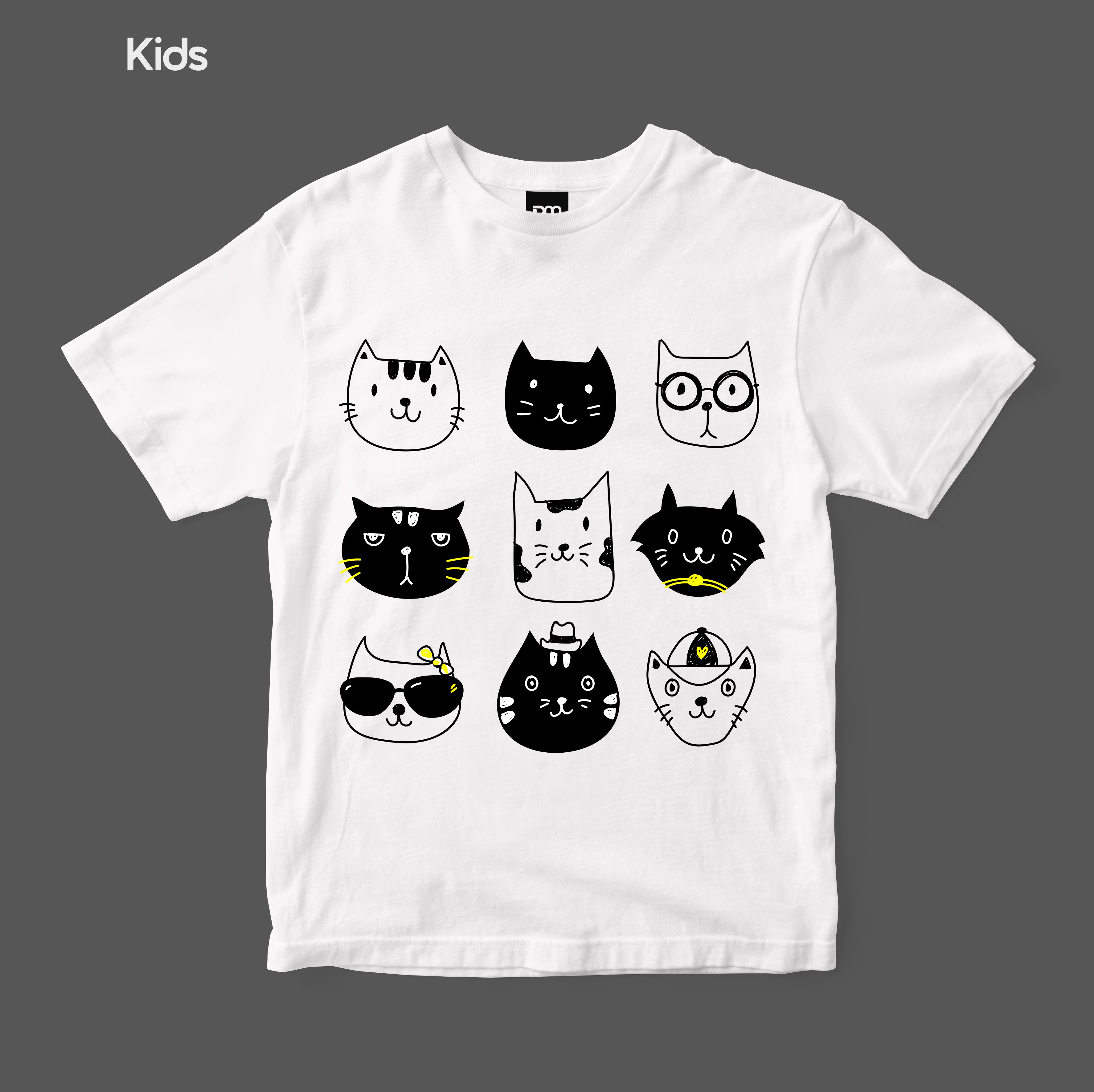 White t-shirt with black cat illustrations on a gray background