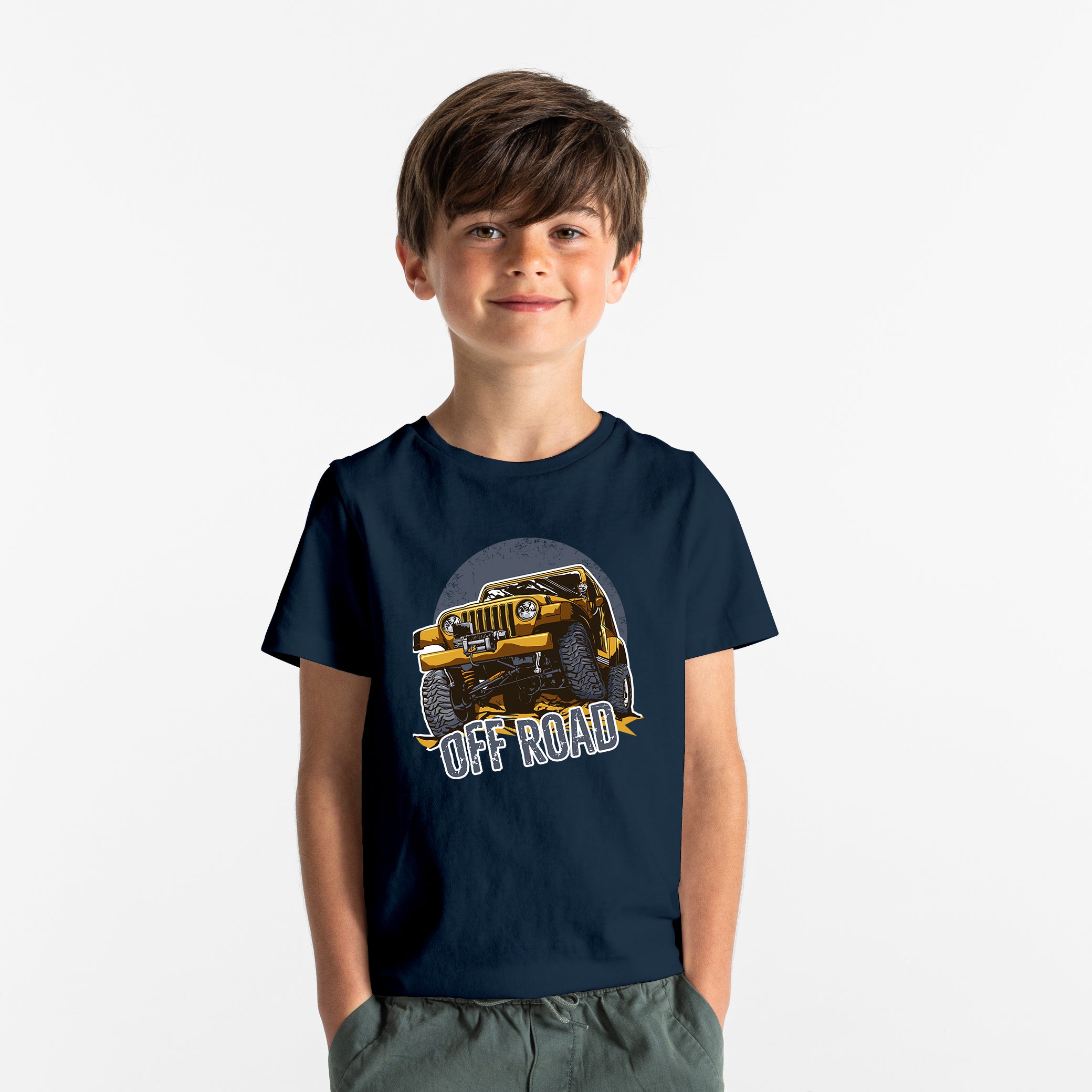 Child wearing a navy blue t-shirt with an off-road vehicle graphic and 'OFF ROAD' text on a white background