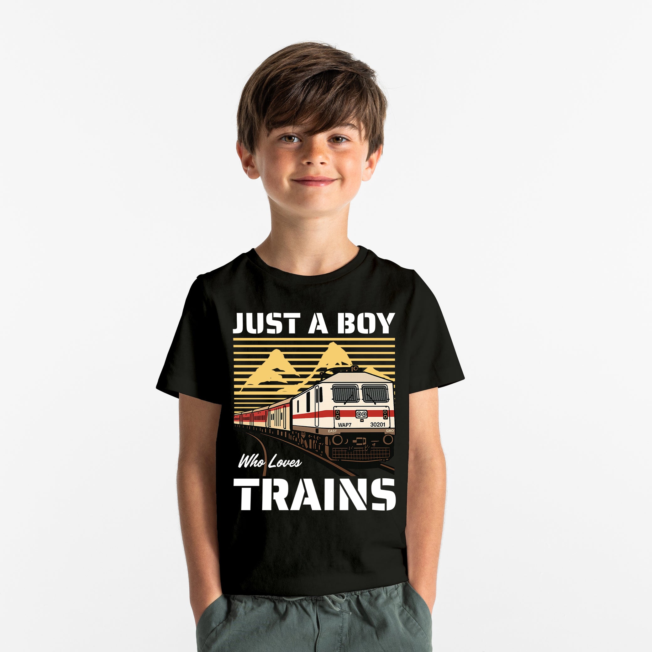 Just a Boy Who Loves Trains - Kids Tshirt