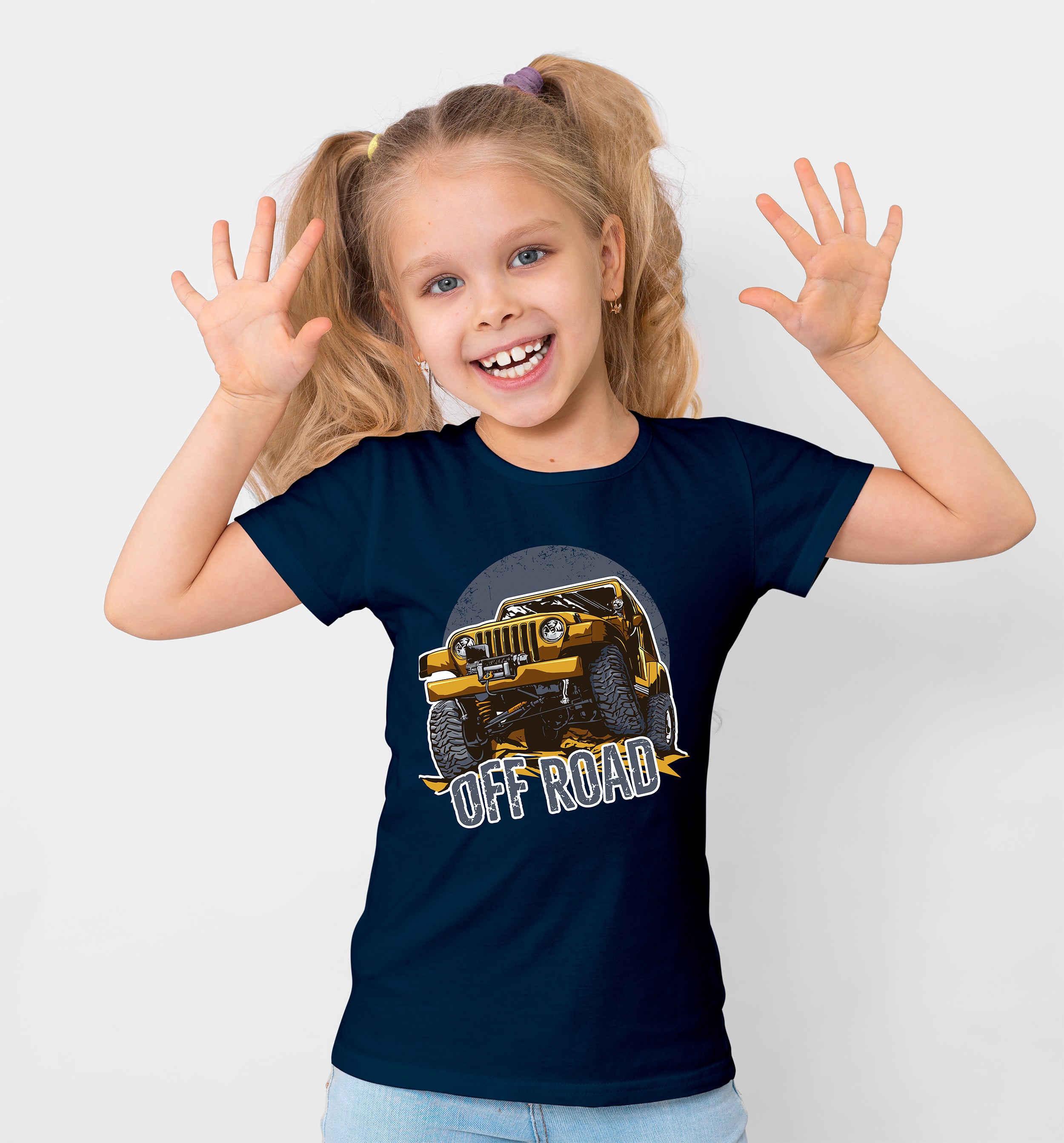 Child wearing a navy blue t-shirt with an off-road vehicle graphic and 'Off Road' text on a white background