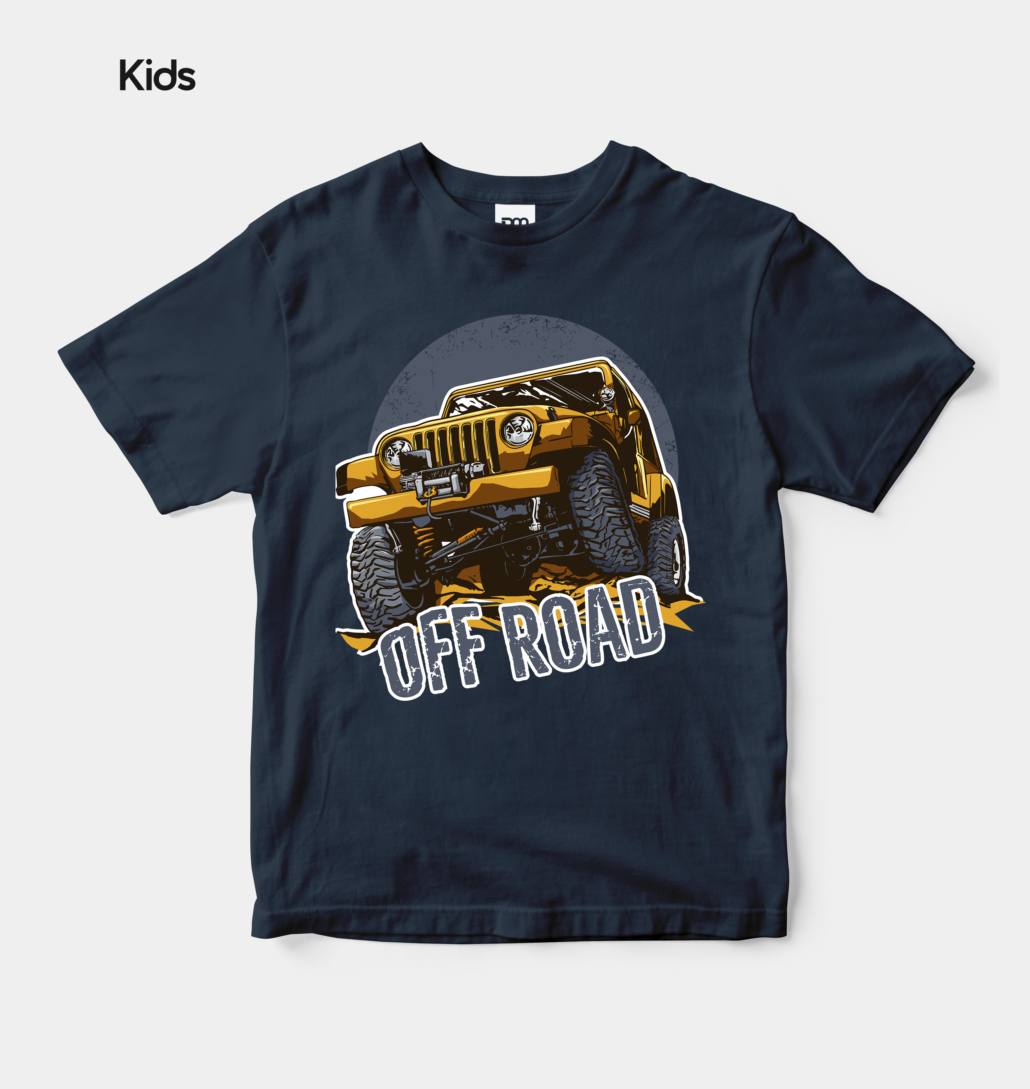 Navy blue t-shirt with off-road vehicle graphic and 'Off Road' text on a white background