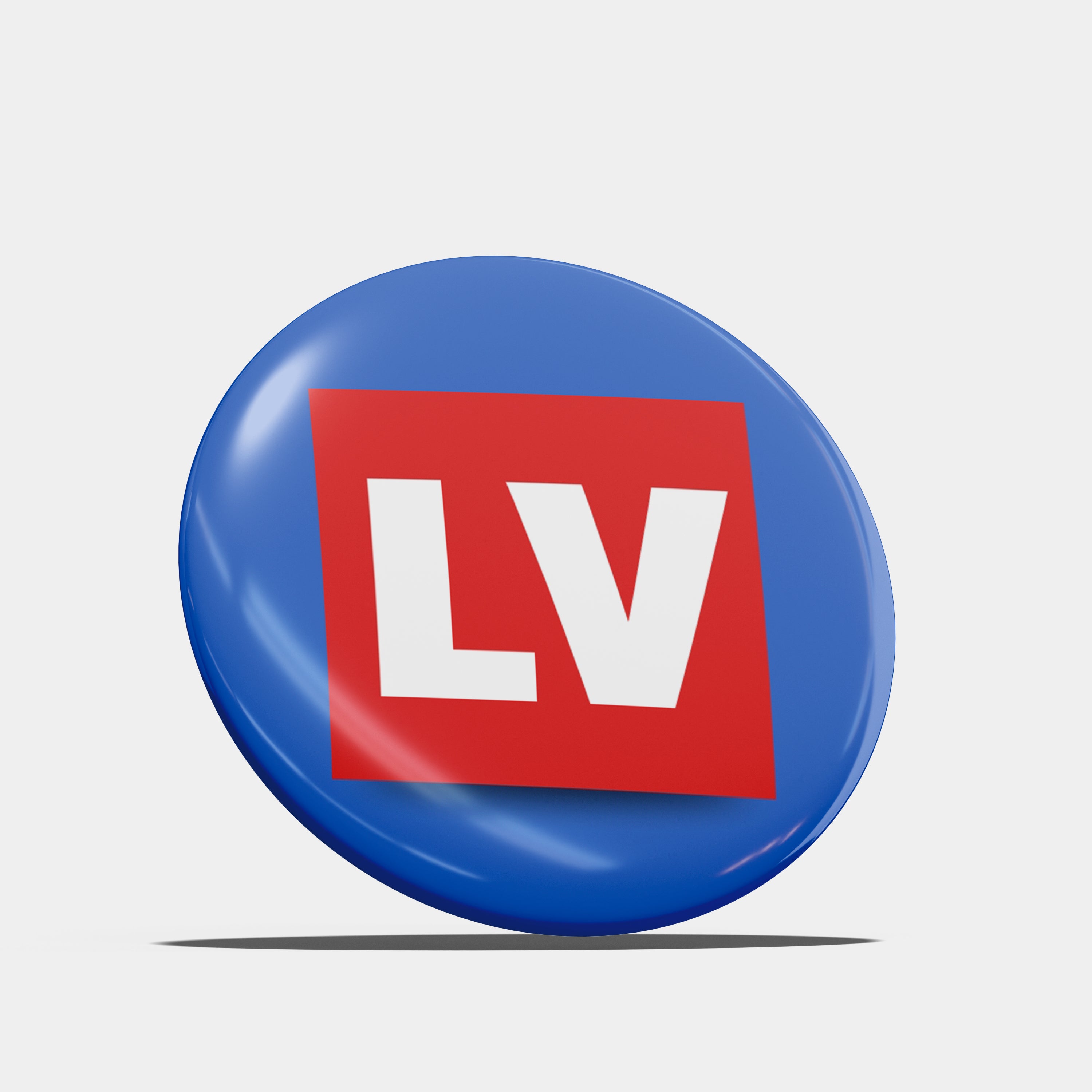 Round blue badge with a red square featuring 'LV' livery on a white background