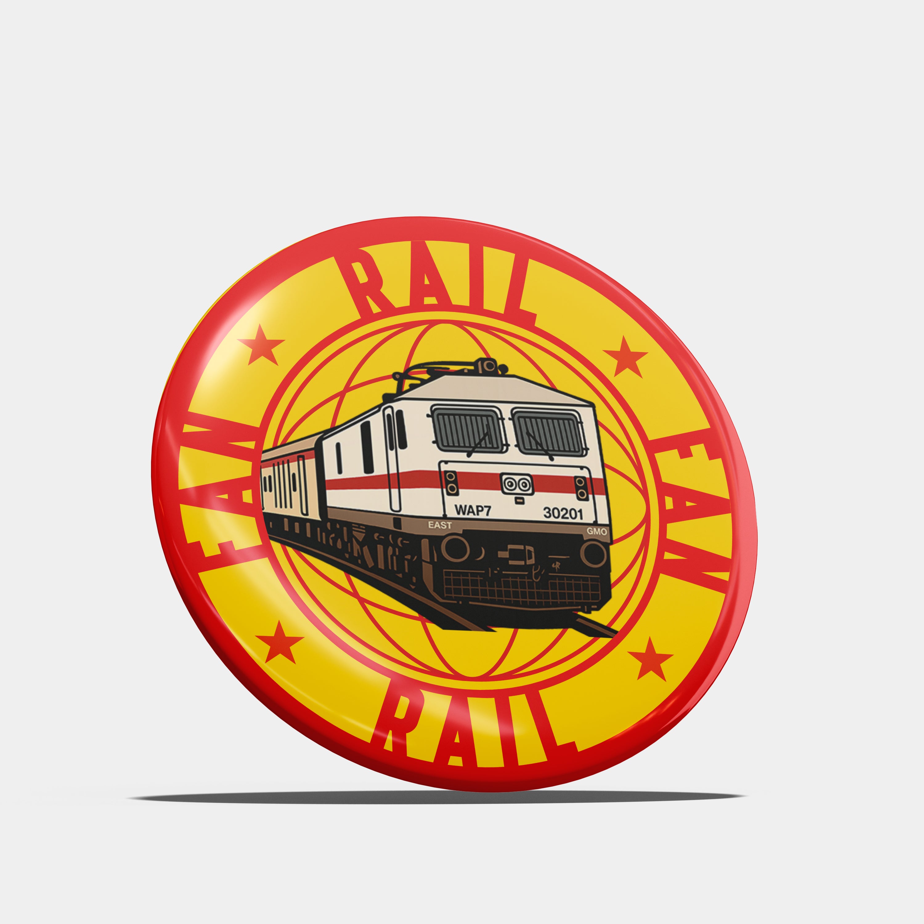 Button badge with a train design and 'Rail Fan Rail' text on a yellow background