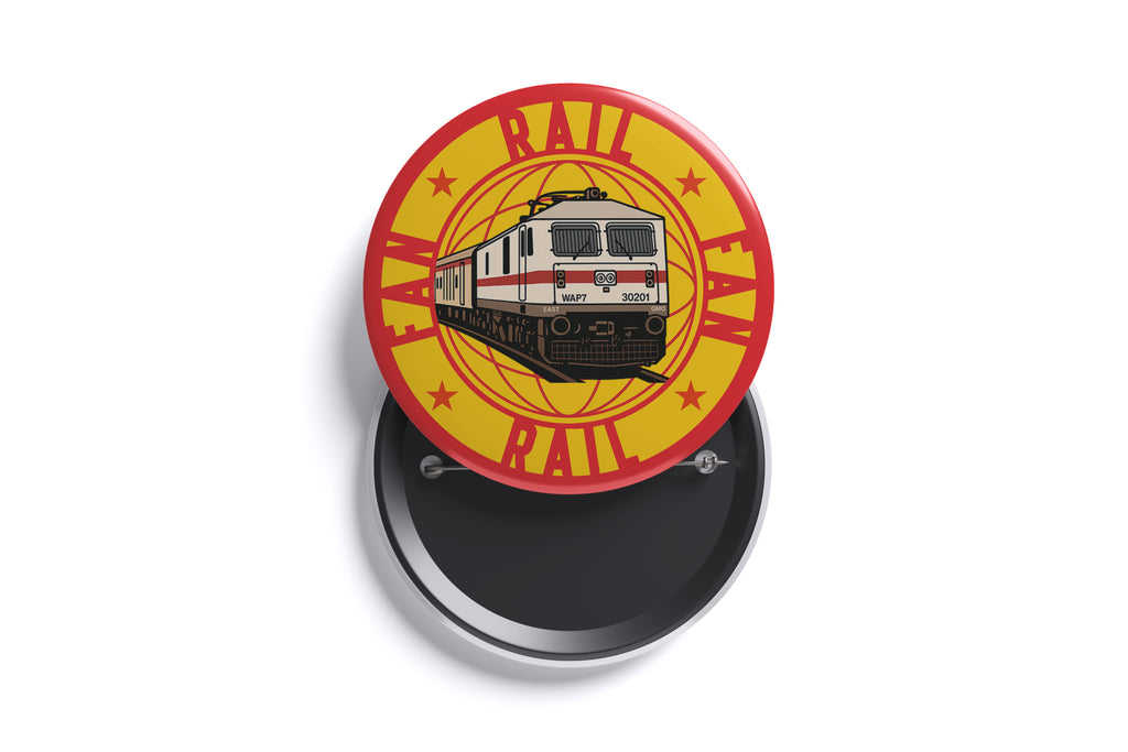 Round button badge with train design and 'Rail Fan' text on a white background