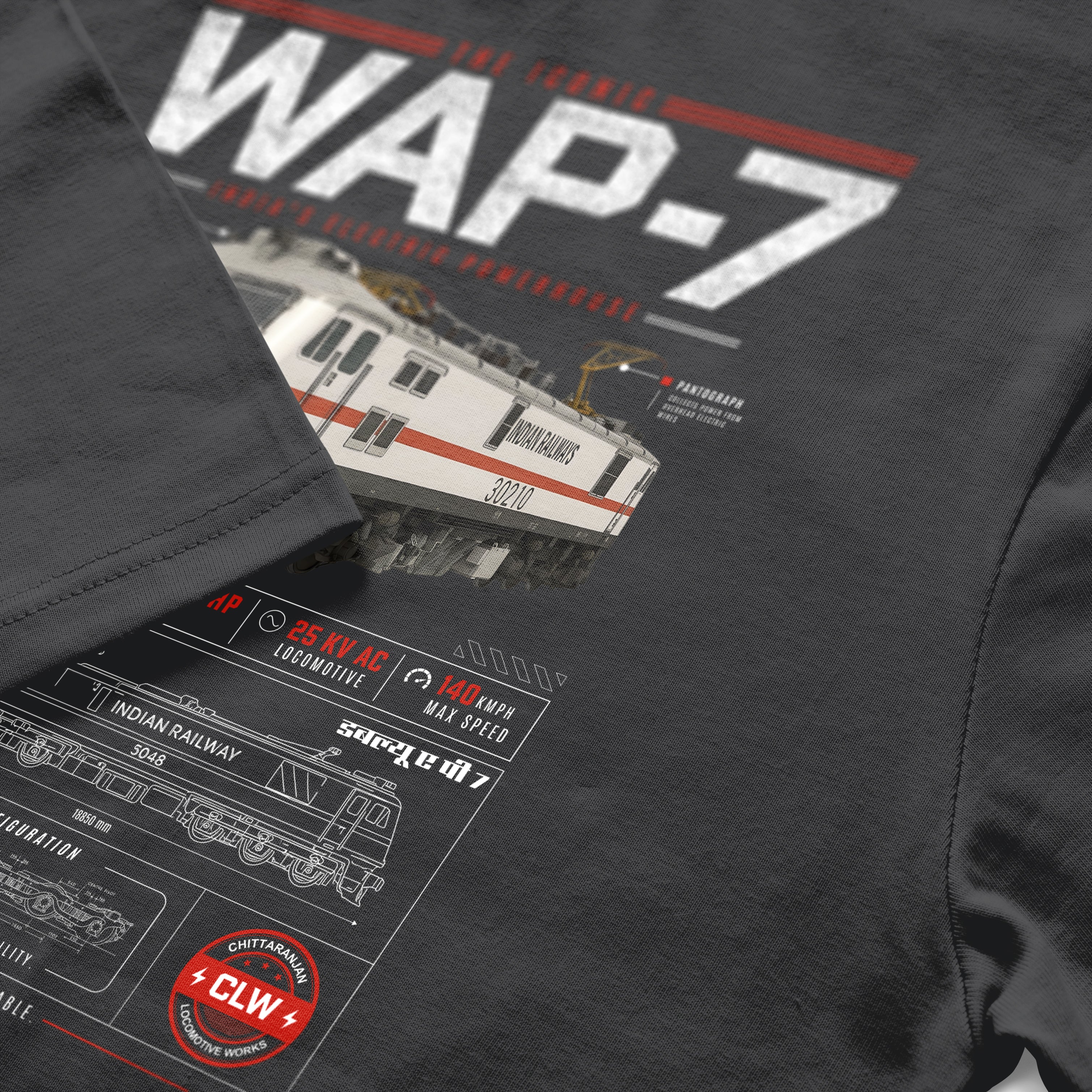 Black t-shirt with train design and 'WAP-7' text on a dark background