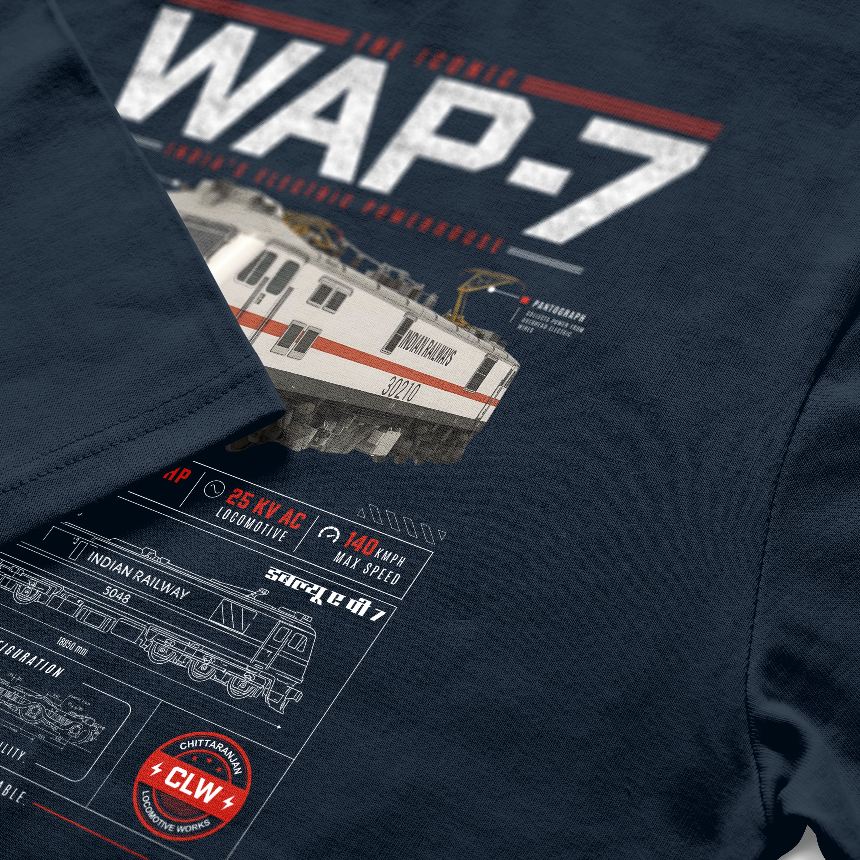 Navy blue t-shirt with a train design and 'WAP-7' text on a white background