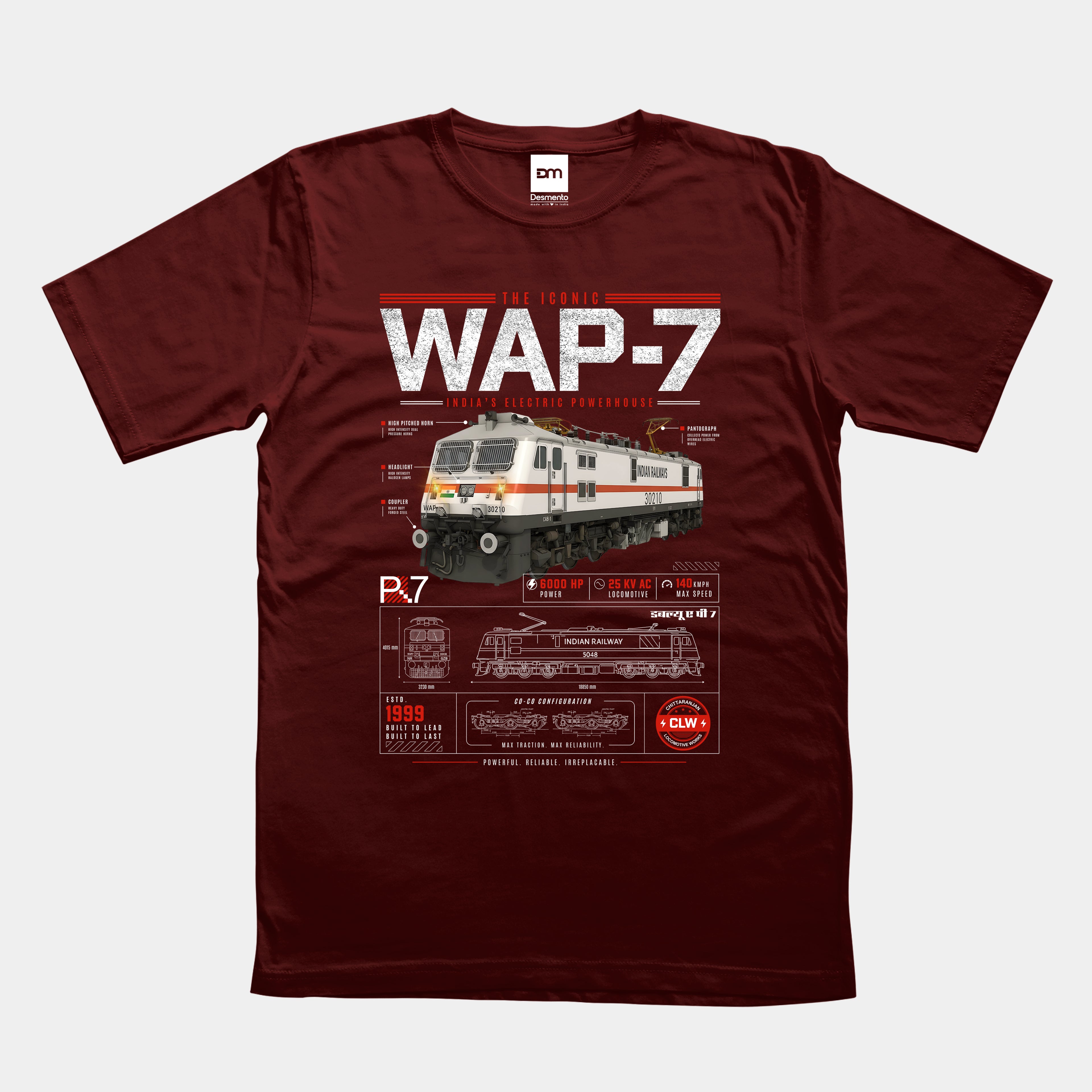 Maroon t-shirt with WAP-7 train design on a white background