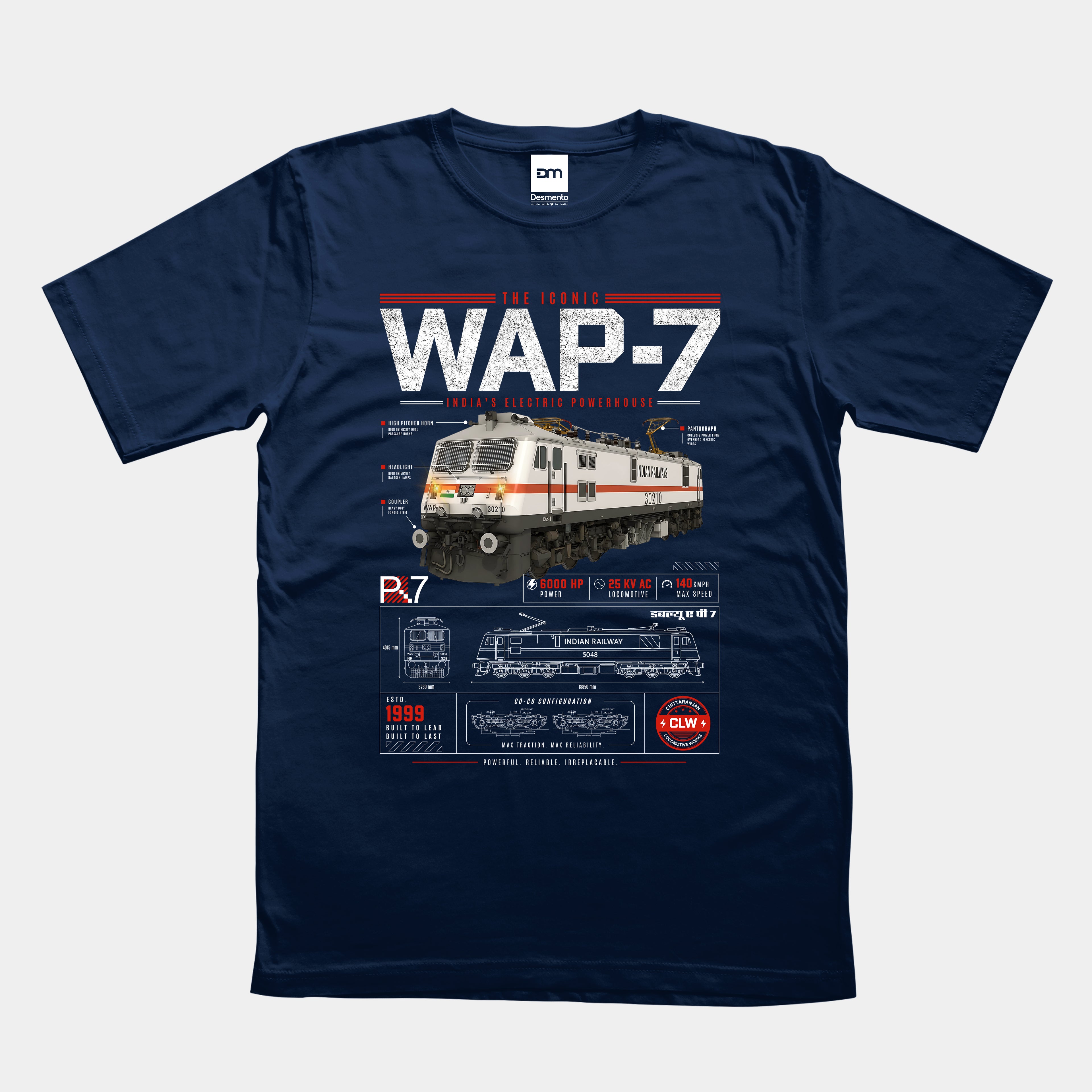 Navy blue t-shirt with a train design and 'WAP-7' text on a white background