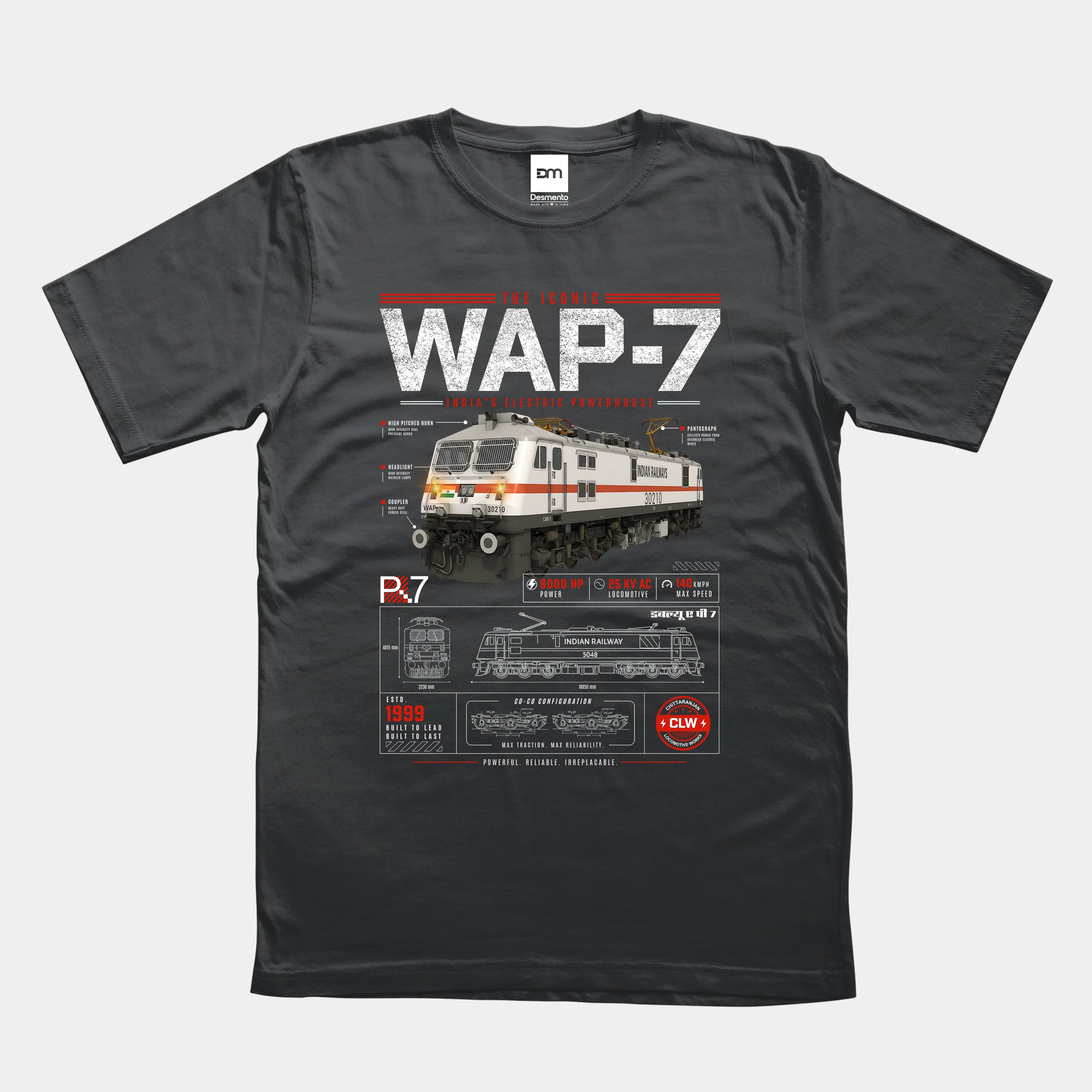 steel grey t-shirt with WAP-7 locomotive design
