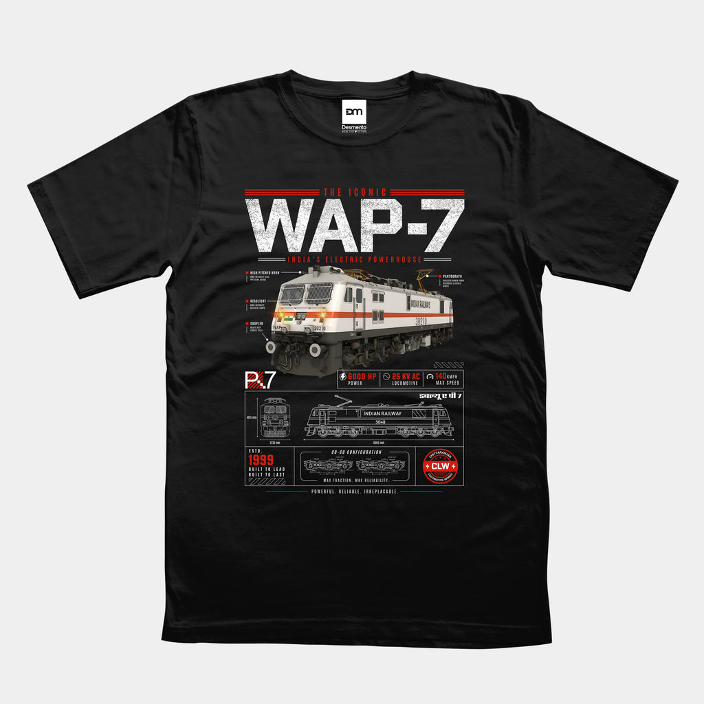 Black t-shirt with WAP-7 train design 