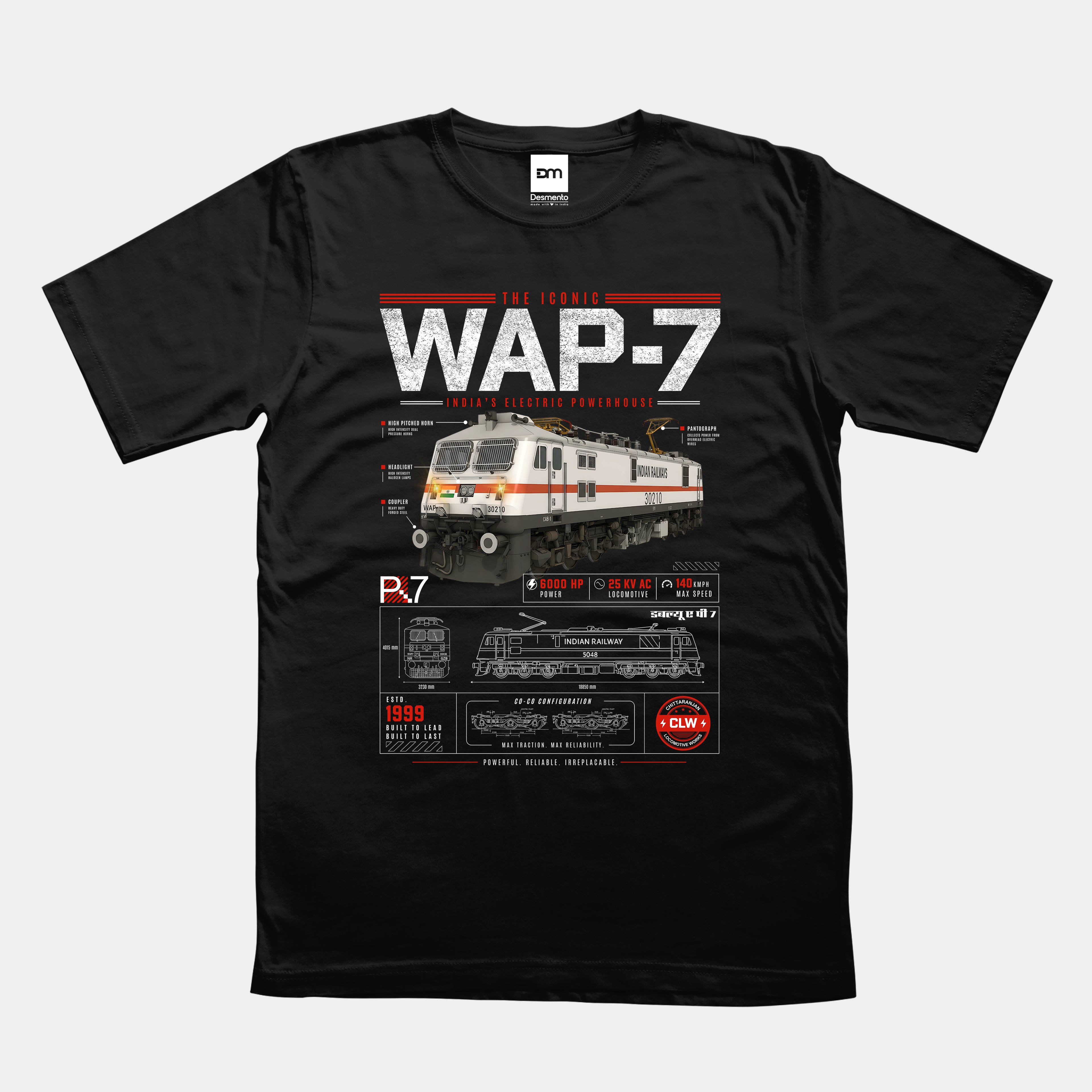 Black t-shirt with WAP-7 train design 